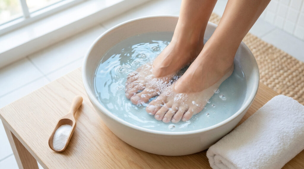 Pieds trempant dans une bassine d'eau avec du bicarbonate de soude sur une table en bois.