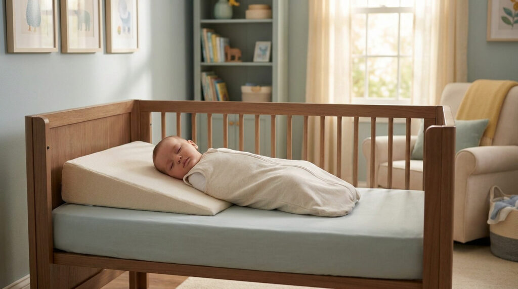 Un bébé dort paisiblement sur un plan incliné posé dans son lit pour aider à dégager ses voies respiratoires.