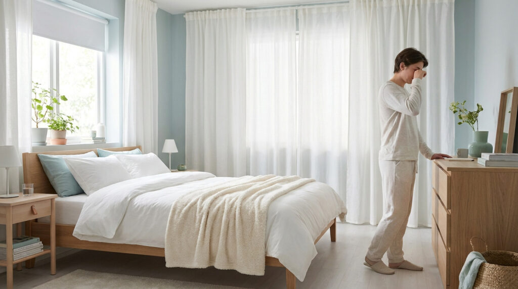 Une personne fatiguée se frotte les yeux dans une chambre lumineuse, évoquant les symptômes d'une allergie.