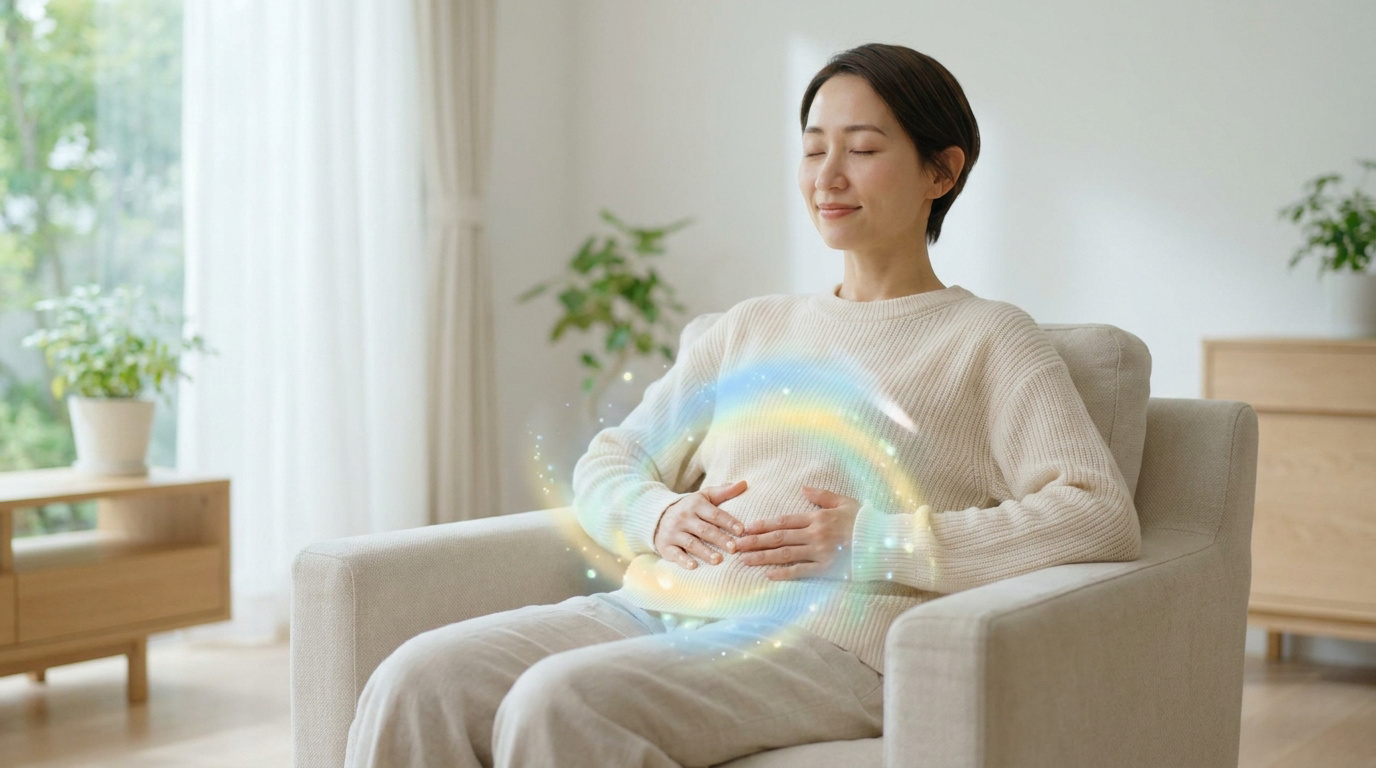 Une femme détendue assise dans un fauteuil avec une aura lumineuse autour de son ventre pour symboliser le confort.