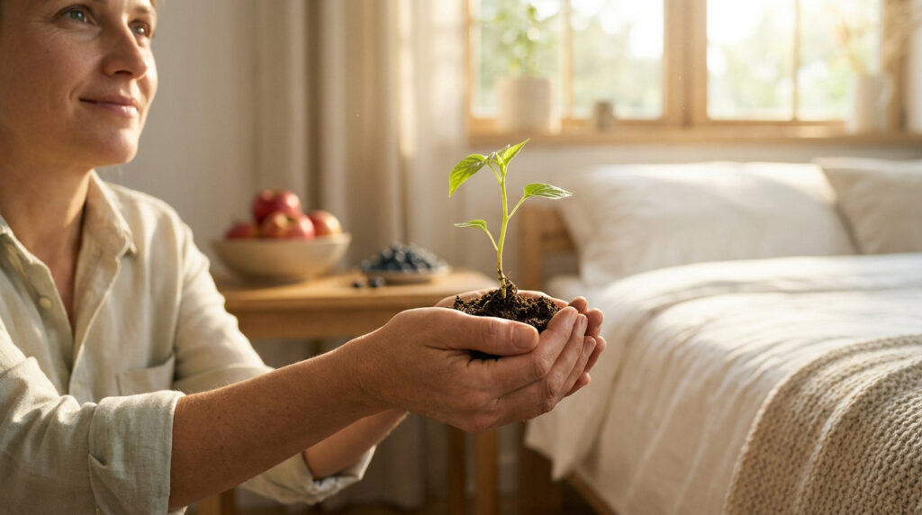 Une femme tient délicatement une jeune plante dans ses mains, symbolisant la croissance et la vie.