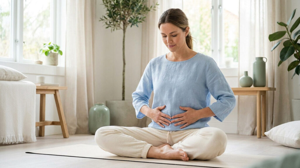 Une femme en tenue décontractée pratique un automassage abdominal sur un tapis de yoga dans un intérieur lumineux.
