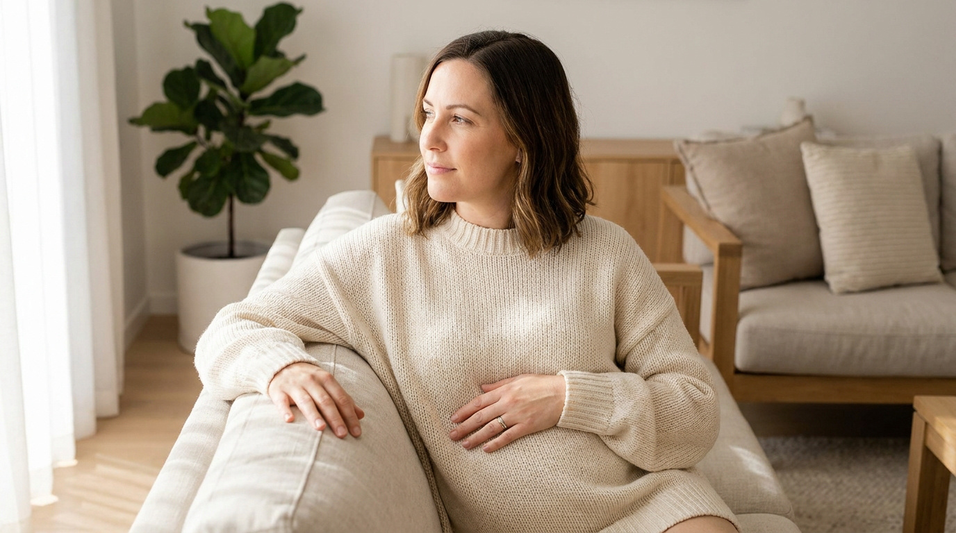 Une femme pensive assise sur un canapé, tenant doucement son bas-ventre.