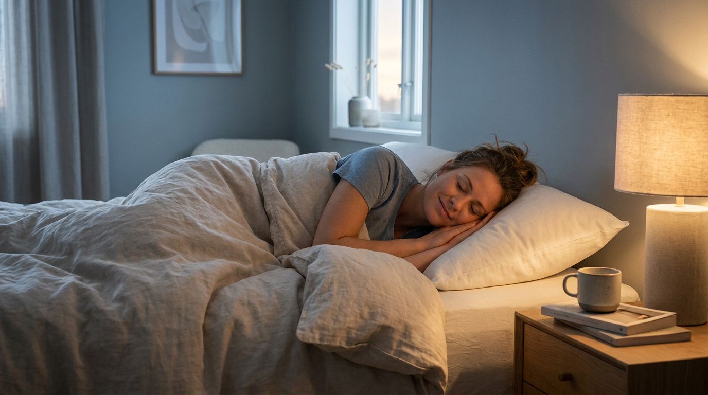 Une femme paisible dort confortablement dans son lit avec une lampe de chevet allumée.