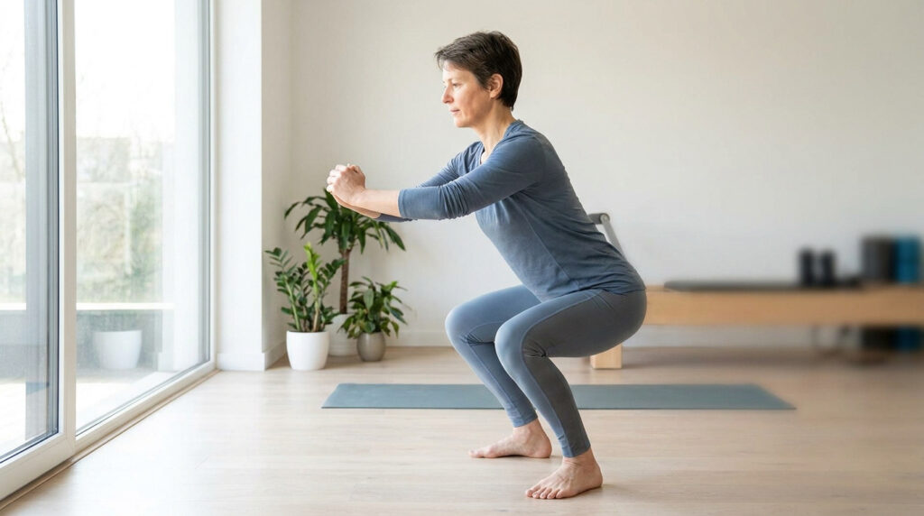 Une femme pratiquant un squat contrôlé dans un salon lumineux, le dos droit pour protéger ses articulations.