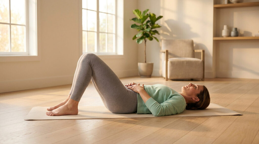 Une femme allongée sur un tapis de yoga dans un salon lumineux, pratiquant des exercices de respiration.