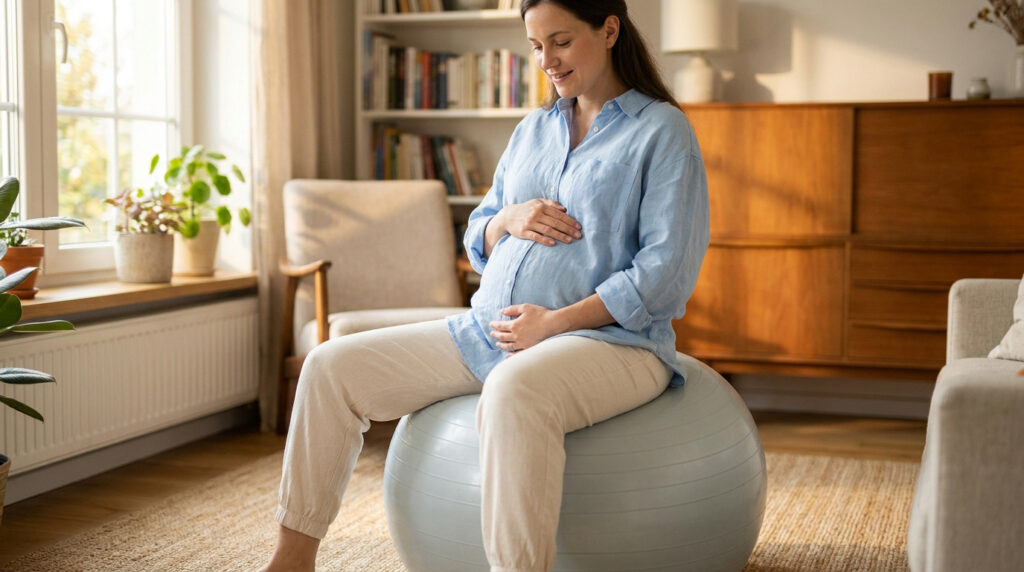 Femme enceinte souriante assise sur un ballon de gym bleu dans un salon lumineux.