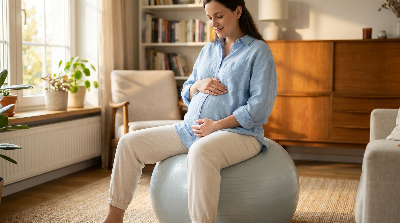 Femme enceinte souriante assise sur un ballon de gym bleu dans un salon lumineux.