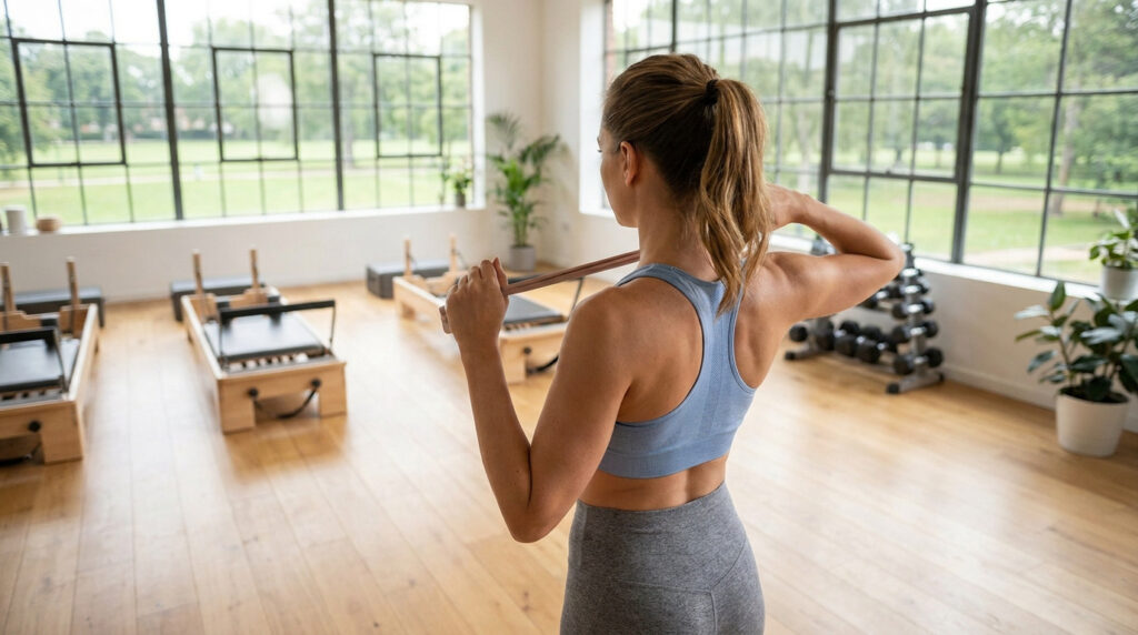 Femme en tenue de sport faisant un exercice pour le dos avec une bande élastique dans un studio de Pilates lumineux.