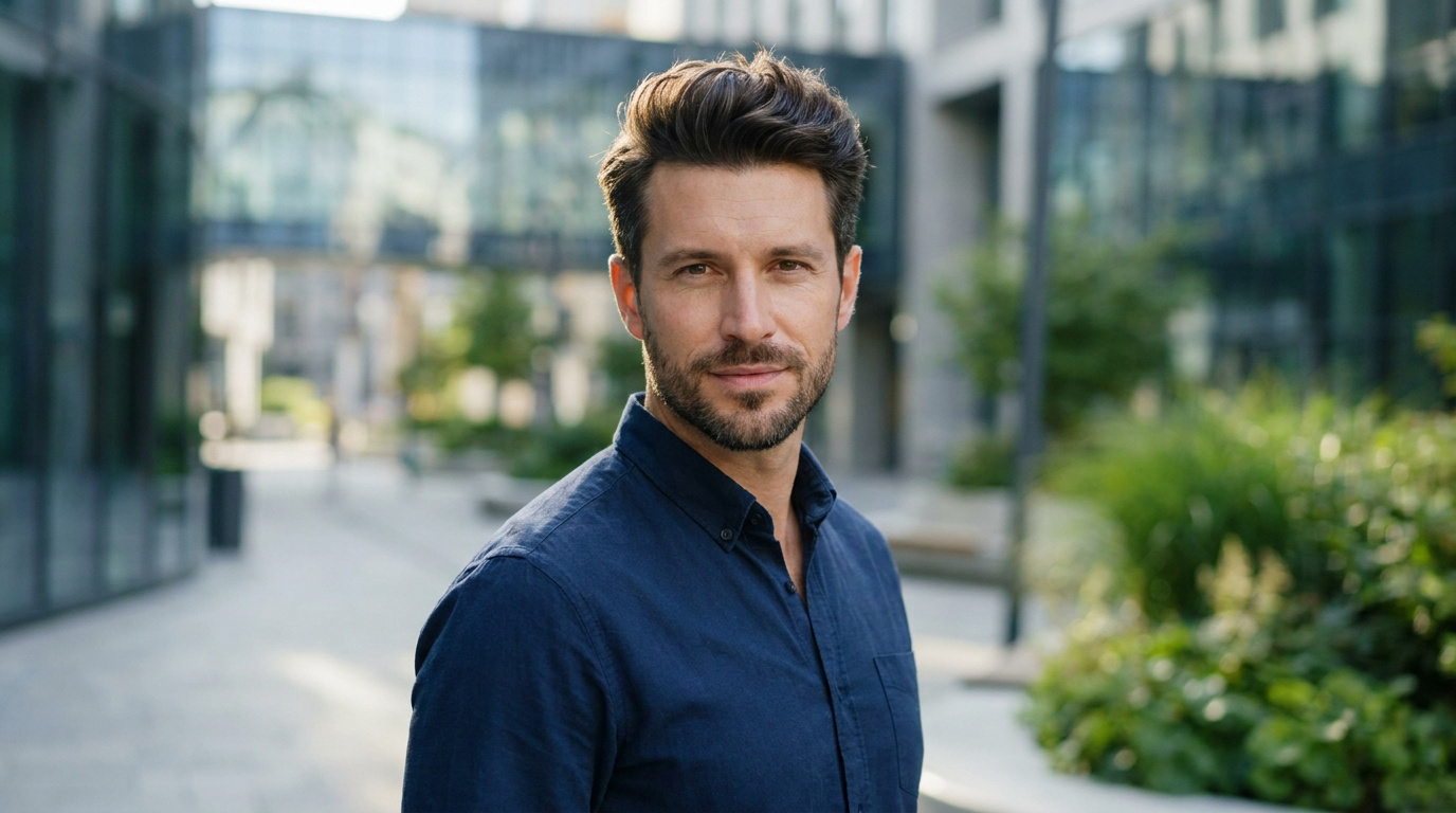 Portrait d'un homme élégant à la coiffure dense posant devant un immeuble de bureaux moderne.