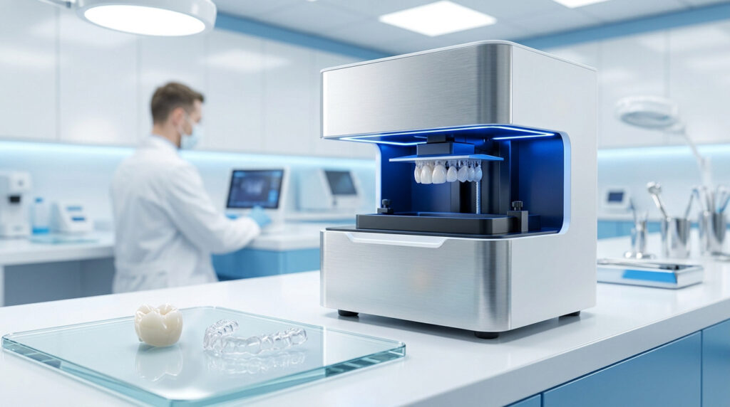 Imprimante 3D dentaire moderne produisant des modèles de dents dans un laboratoire avec un technicien en arrière-plan.