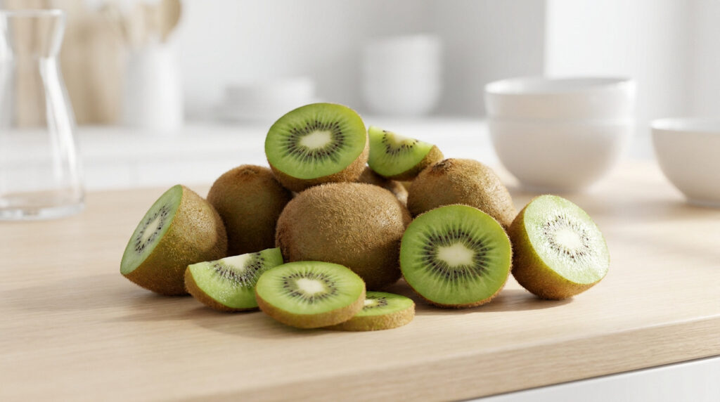Un tas de kiwis entiers et coupés en tranches sur une table en bois dans une cuisine lumineuse.