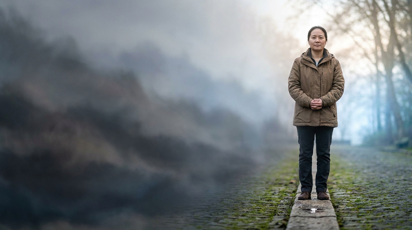 Une femme debout sur un chemin pavé, séparée d'un nuage de fumée sombre et dense symbolisant un poids émotionnel.