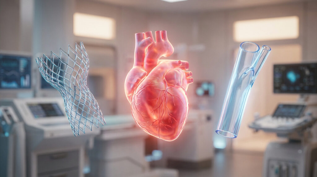 Illustration 3D montrant un cœur humain au centre, flanqué d'un stent métallique à gauche et d'un greffon vasculaire à droite.