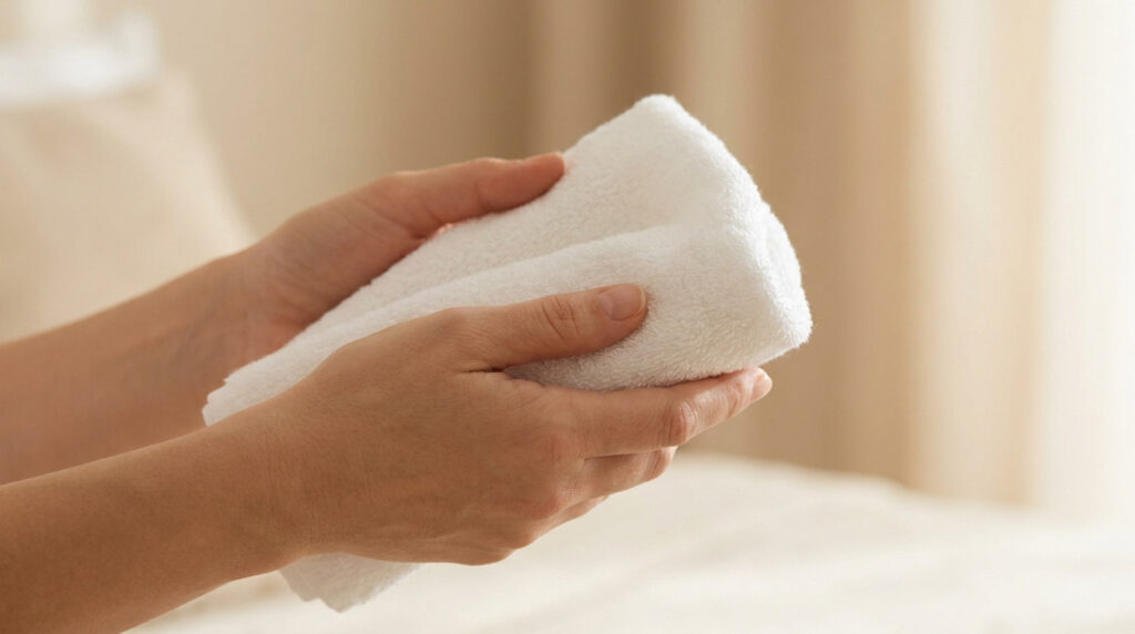 Mains tenant une serviette en coton blanc propre et douce pour une toilette délicate.