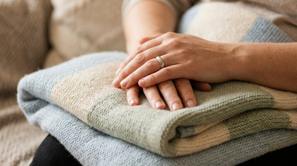 Gros plan sur les mains d'une femme posées sur une couverture en laine douce pour se rassurer.