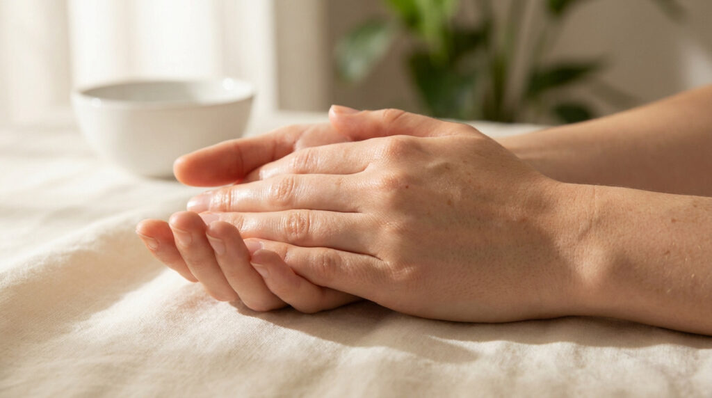 Gros plan sur deux mains reposant l'une sur l'autre sur un tissu clair.