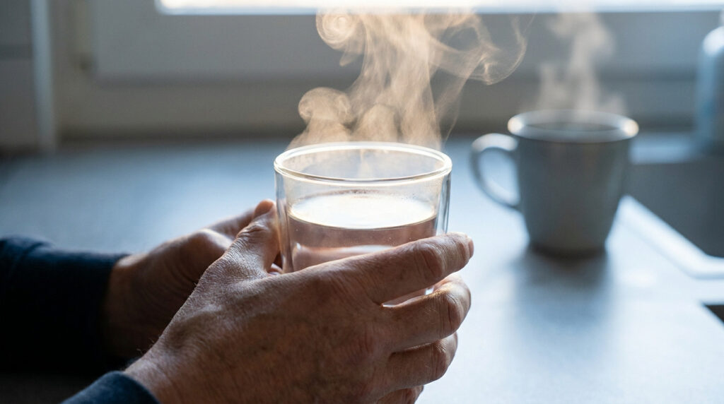 Mains tenant un verre d'eau chaude fumante près d'une tasse sur un comptoir.