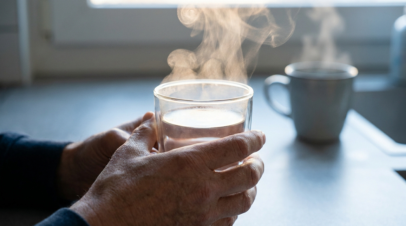 Mains tenant un verre d'eau chaude fumante près d'une tasse sur un comptoir.