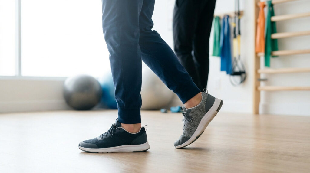 Gros plan sur les jambes d'une personne en jogging effectuant des exercices de marche lors d'une séance de kinésithérapie.