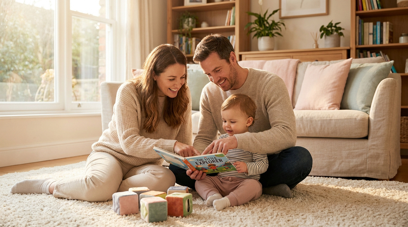 Parents et leur jeune enfant assis sur un tapis lumineux, lisant un livre d'images ensemble.