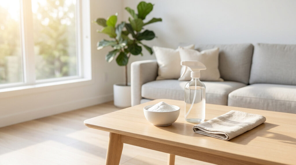 Un bol de bicarbonate, un vaporisateur et un chiffon sur une table basse dans un salon lumineux.