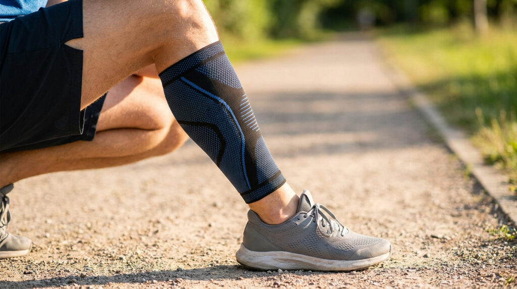 Coureur portant un manchon de compression bleu et noir sur son mollet pour soulager une douleur au tibia.