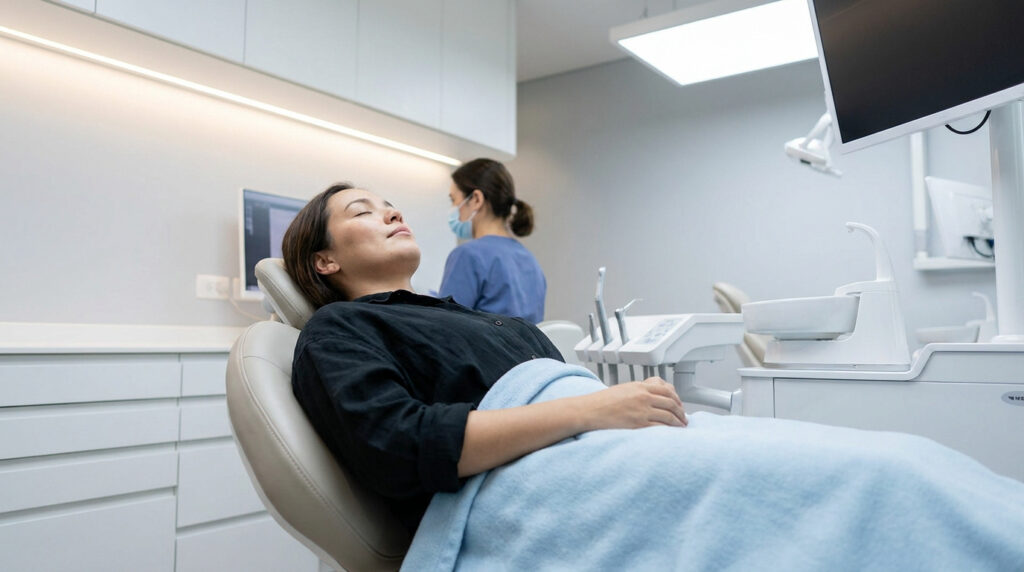Patiente allongée dans un fauteuil dentaire, détendue sous anesthésie, avec une assistante médicale en arrière-plan.