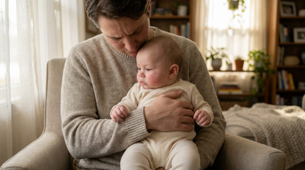Un père attentif tient son bébé dans ses bras, assis dans un fauteuil confortable dans un salon chaleureux.