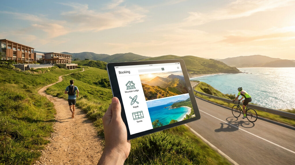 Une main tenant une tablette affichant une application de réservation de voyages avec un paysage côtier en arrière-plan.