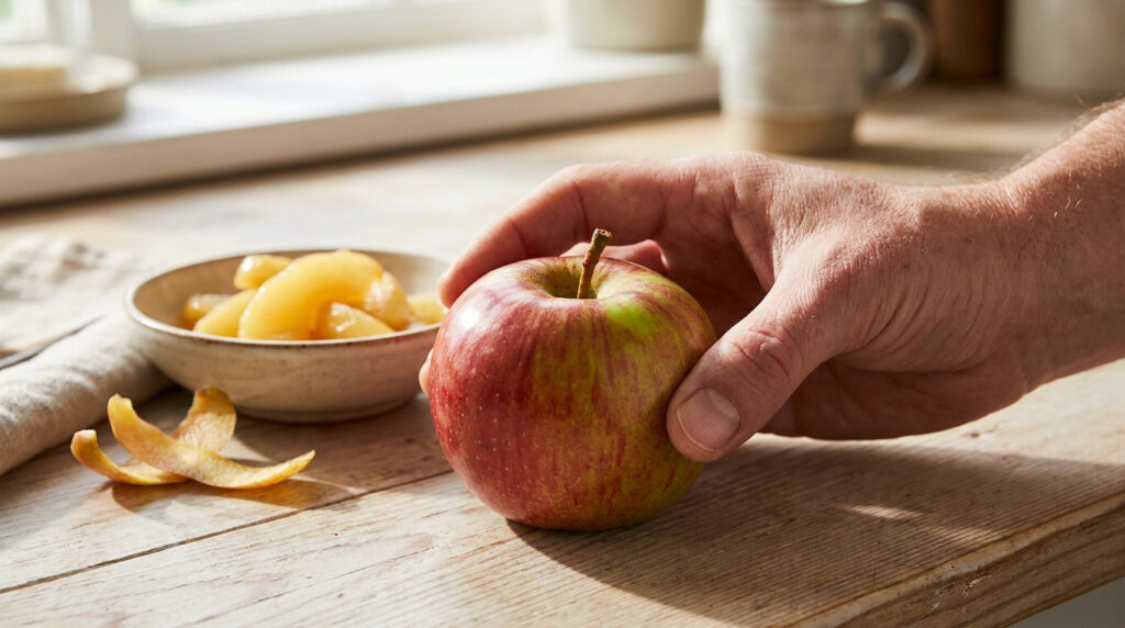 Une main tenant une pomme rouge et verte sur une table en bois près d'un bol de tranches de pommes cuites.