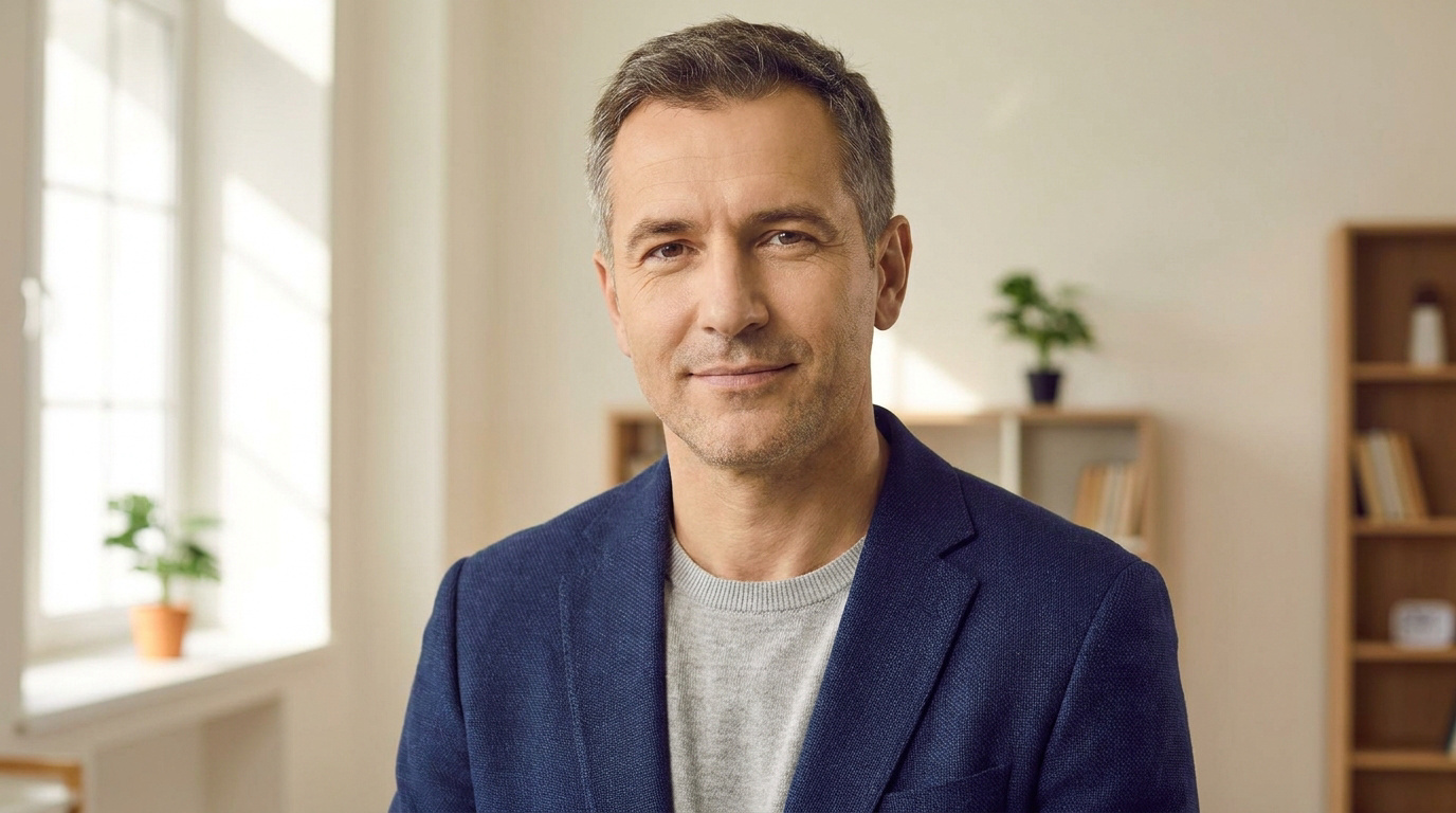 Portrait d'un homme d'âge mûr élégant avec un visage reposé, souriant légèrement, sur fond de bureau lumineux.