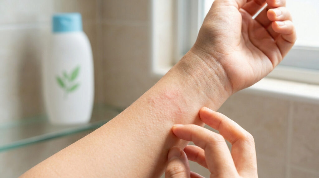 Avant-bras présentant des rougeurs et des boutons dus à une réaction allergique, avec une bouteille de lotion en arrière.