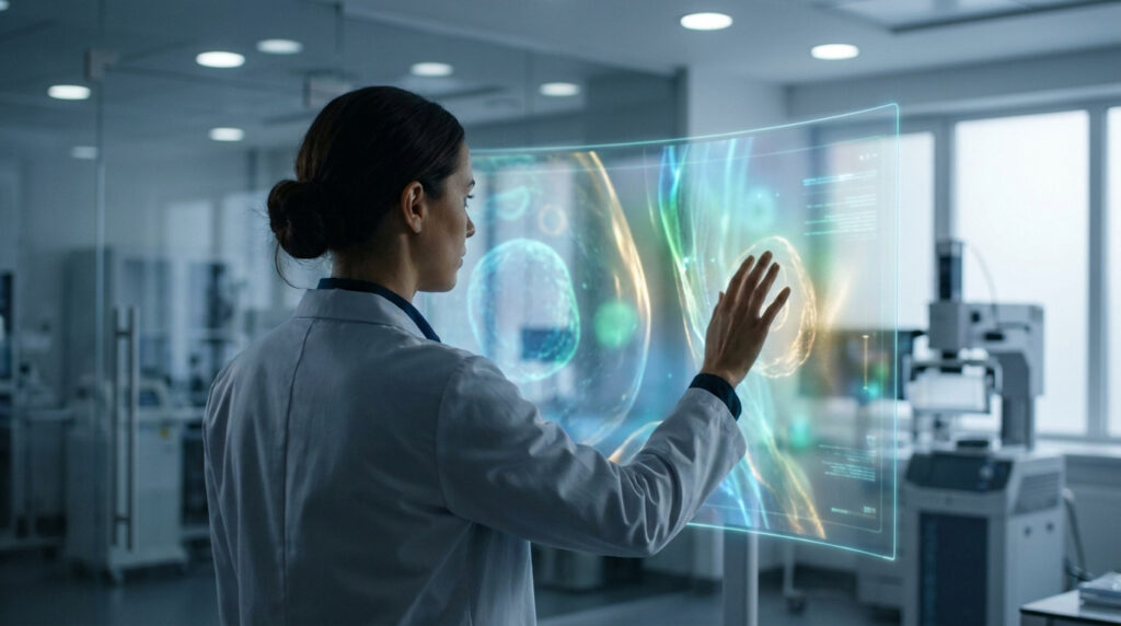 Une scientifique examine des cellules sur un écran holographique dans un laboratoire de haute technologie.