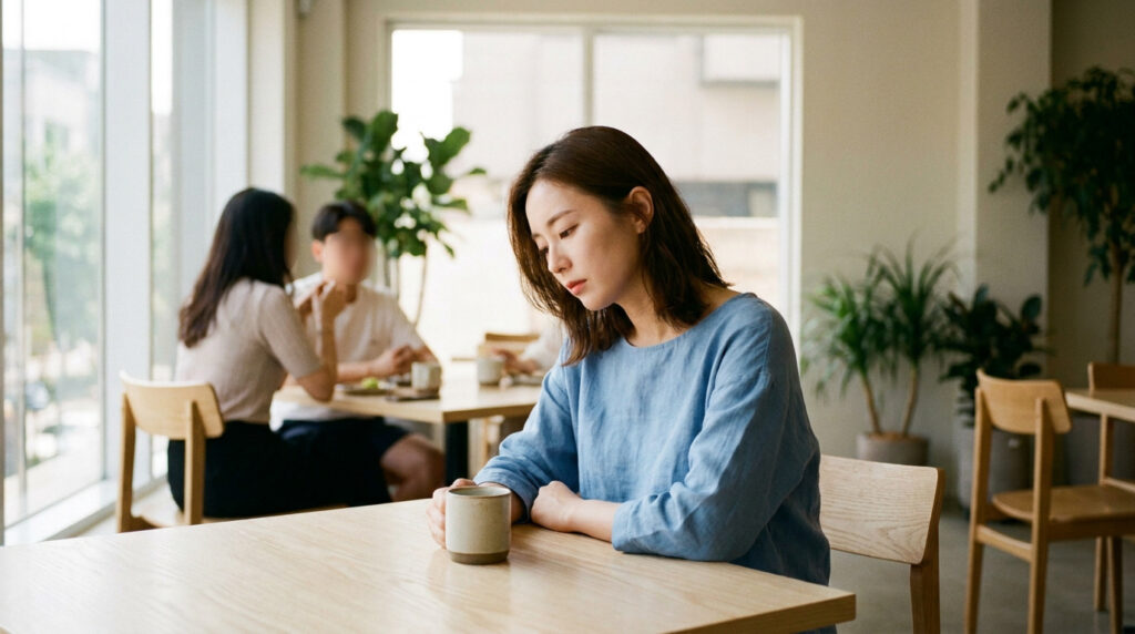 Femme pensive tenant une tasse dans un café, un couple flou en arrière-plan.
