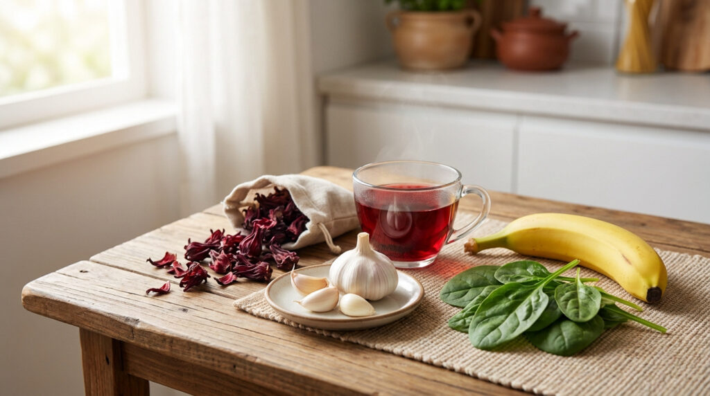Une table avec du thé d'hibiscus, de l'ail, une banane et des épinards frais.