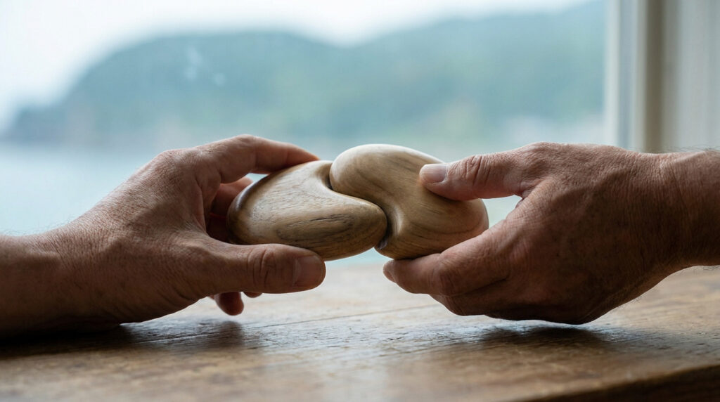 Deux mains tiennent des pièces en bois imbriquées, symbolisant la reconstruction et l'harmonie psychique.
