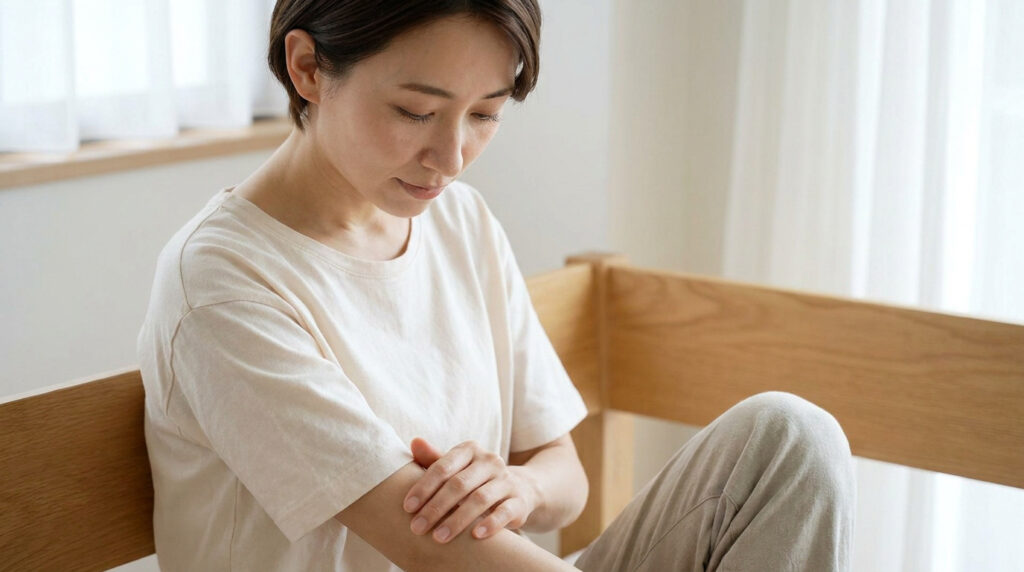 Une femme assise, observant attentivement sa peau au niveau du bras.