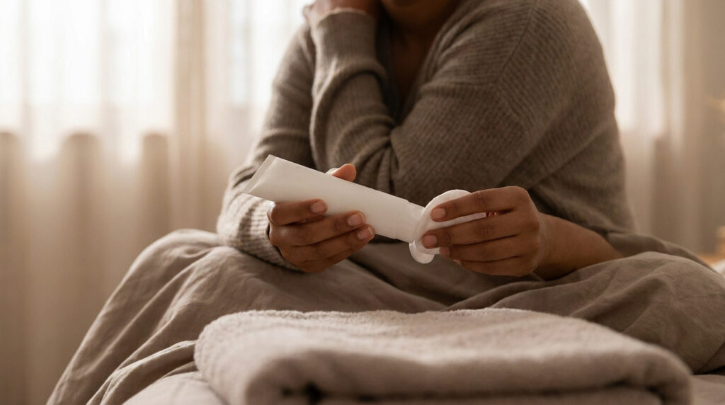 Une personne applique une crème sur un coton pour traiter une irritation cutanée, assise sur un lit avec une serviette.