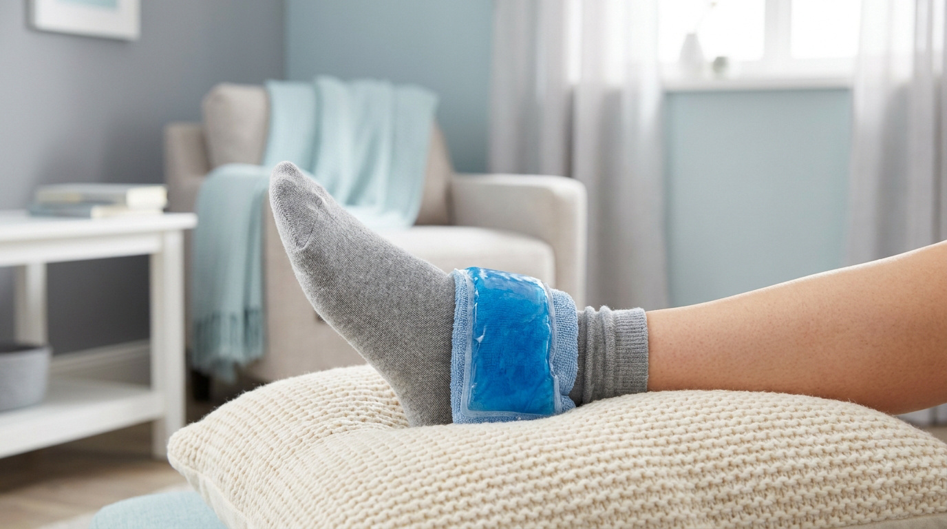 Pied sur un coussin avec une poche de glace bleue sur la cheville pour soulager une inflammation.