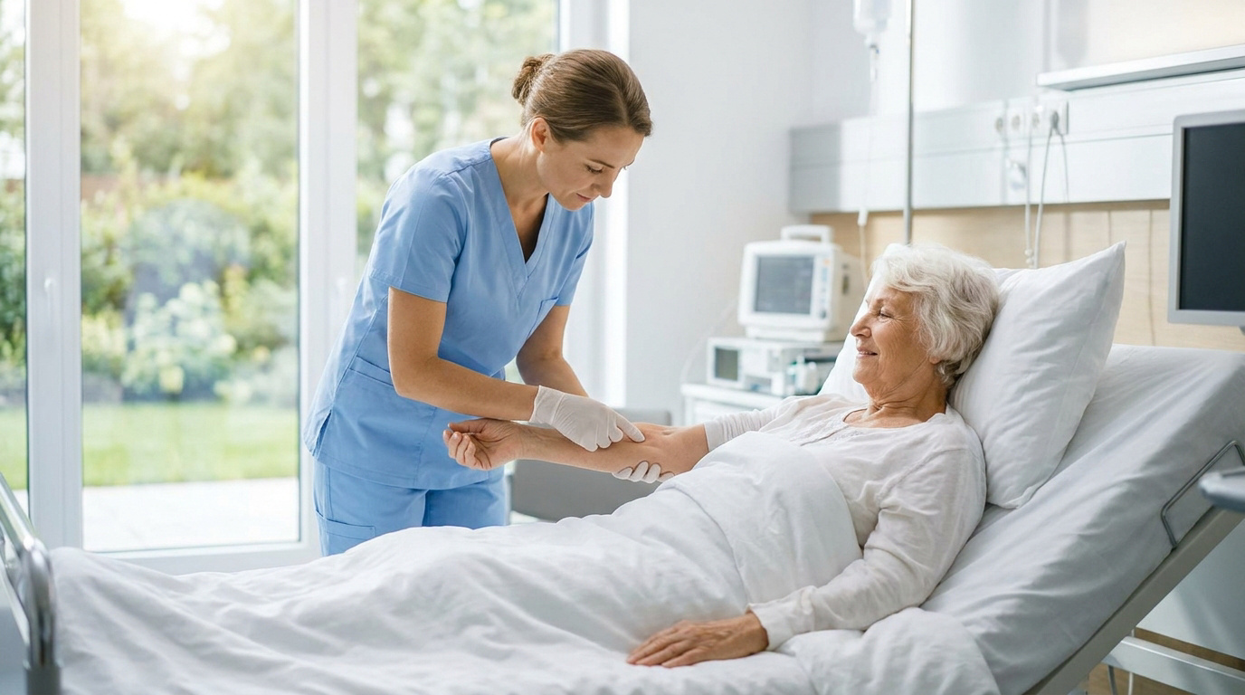 Une aide-soignante examine le bras d'une patiente âgée alitée dans une chambre d'hôpital lumineuse.