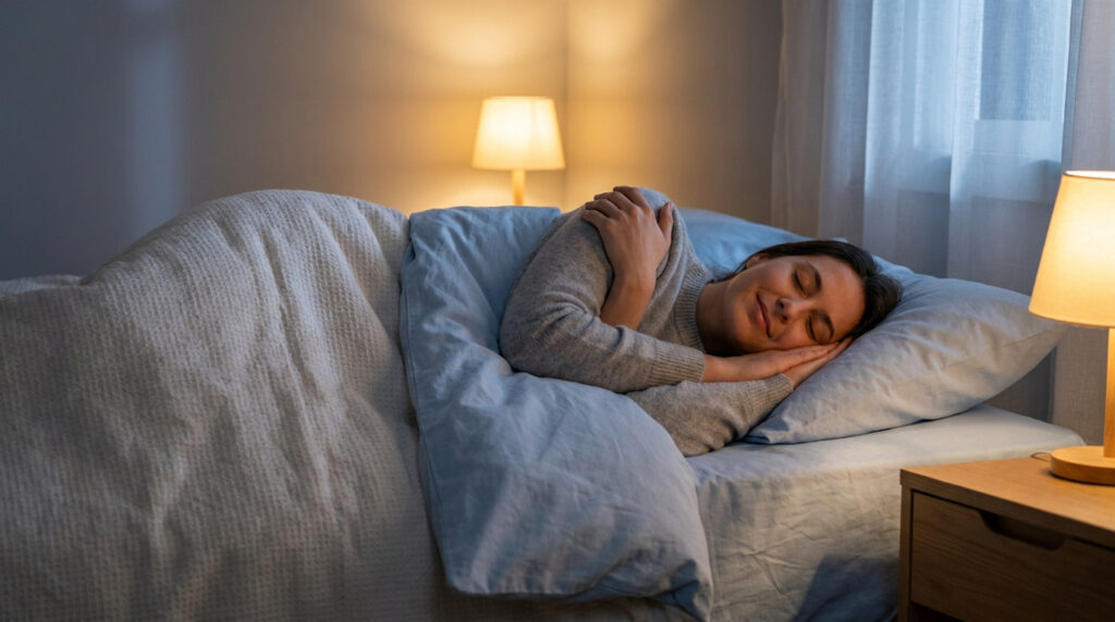 Une femme souriante dort paisiblement dans son lit, éclairée par une lumière douce.