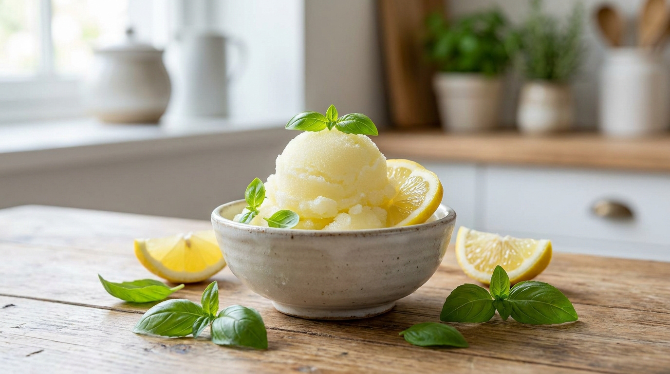 Une boule de sorbet citron garnie de feuilles de basilic dans un bol sur une table en bois avec des tranches de citron.