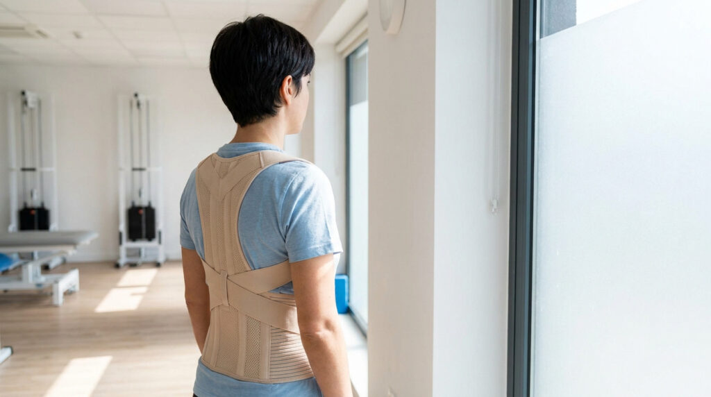 Femme vue de dos portant un corset correcteur de posture dans un centre de rééducation.