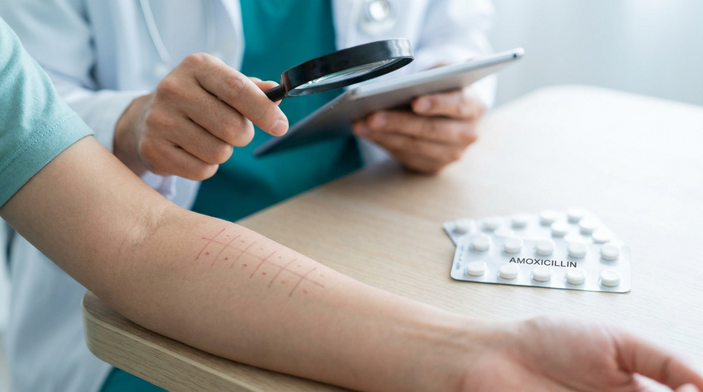 Un médecin examine une zone de test cutané sur l'avant-bras d'un patient avec une loupe, avec de l'amoxicilline à côté.