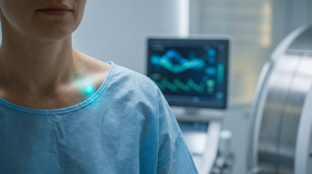 Une patiente en blouse bleue avec un point lumineux vert sur l'épaule dans un environnement médical technologique.