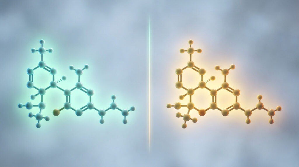Représentation 3D des molécules de CBD en bleu et de THC en orange séparées par une ligne lumineuse sur fond gris.