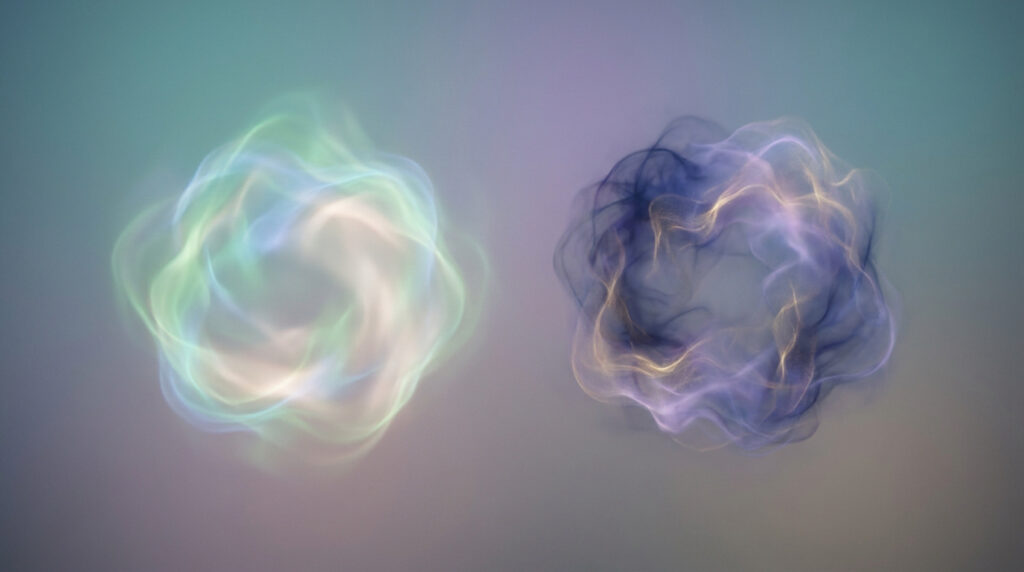 Deux tourbillons de fumée abstraits et colorés flottant sur un fond dégradé, représentant la différence entre deux molécules.