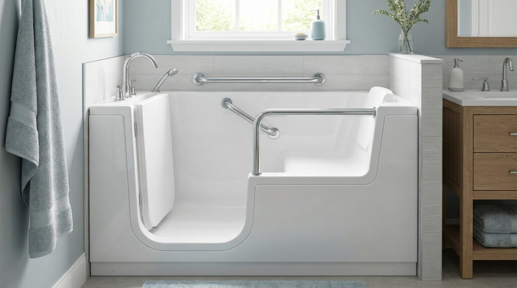 Baignoire blanche à porte latérale avec barres d'appui chromées et siège intégré dans une salle de bain moderne.