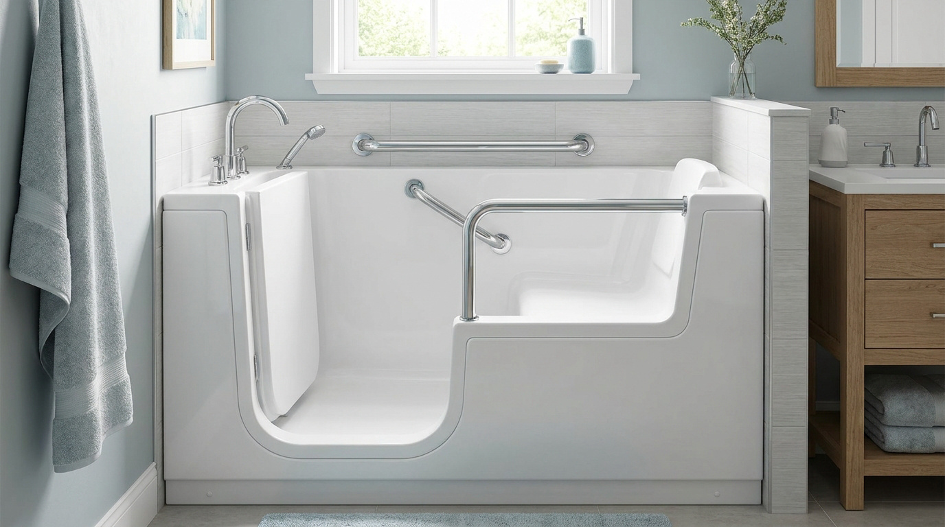 Baignoire blanche à porte latérale avec barres d'appui chromées et siège intégré dans une salle de bain moderne.